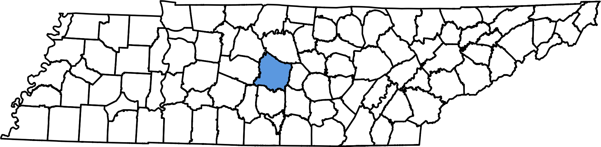 outline of Rutherford County on a map of Tennesseee