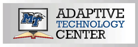 ATC logo: Open book with computer screen on top, MTSU logo with Lightning mascot on the screen; Wording: Adaptive Technology Center