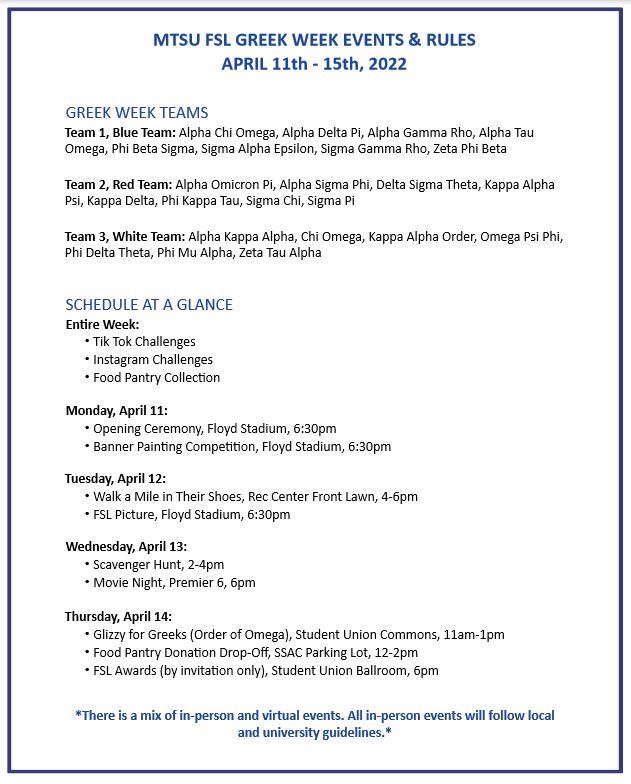 Greek Week schedule