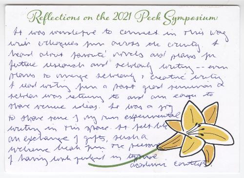 It was wonderful to connect in this way with colleagues from across the country. I heard about favorite novels and plans for future research and scholarly writing—even plans to merge scholarly & creative writing. I read writing from a past grad seminar scholar was returning to and am eager to share venue ideas. It was a joy to share some of my own experimental writing in this space. It felt like an exchange of gifts. Such a welcome break from the pressure of having such judged in typical academic contexts.