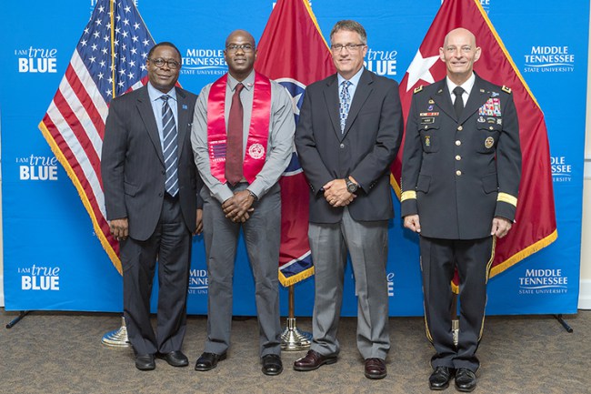 Sidney A. McPhee, MTSU President,Anthony Jimcoily, Mark Byrnes, Provost, and Keith Huber, (Lt. General U.S. Army Ret.), Senior Adviser for Veterans and Leadership Initiatives at the Class of Summer 2016 Graduating Veterans Stole Ceremony.