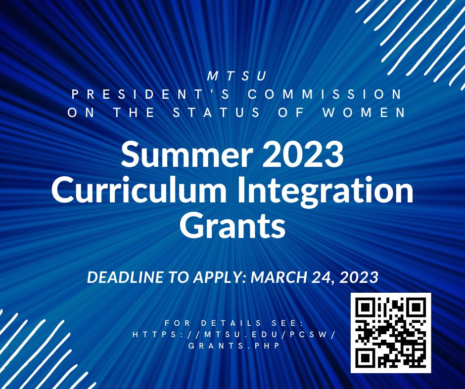Blue flyer with white text advertising the PCSW 2023 curriculum integration grants. Applications are due March 24, 2023.